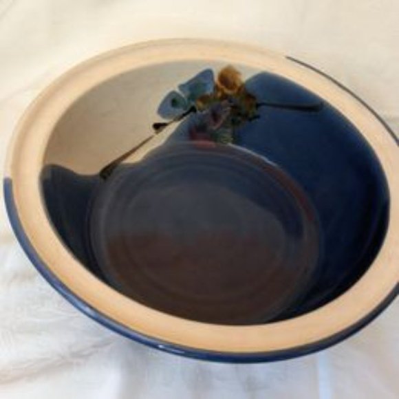 Large 10" Blue/Cream Floral Handmade Pottery Bowl - Picture 4 of 5